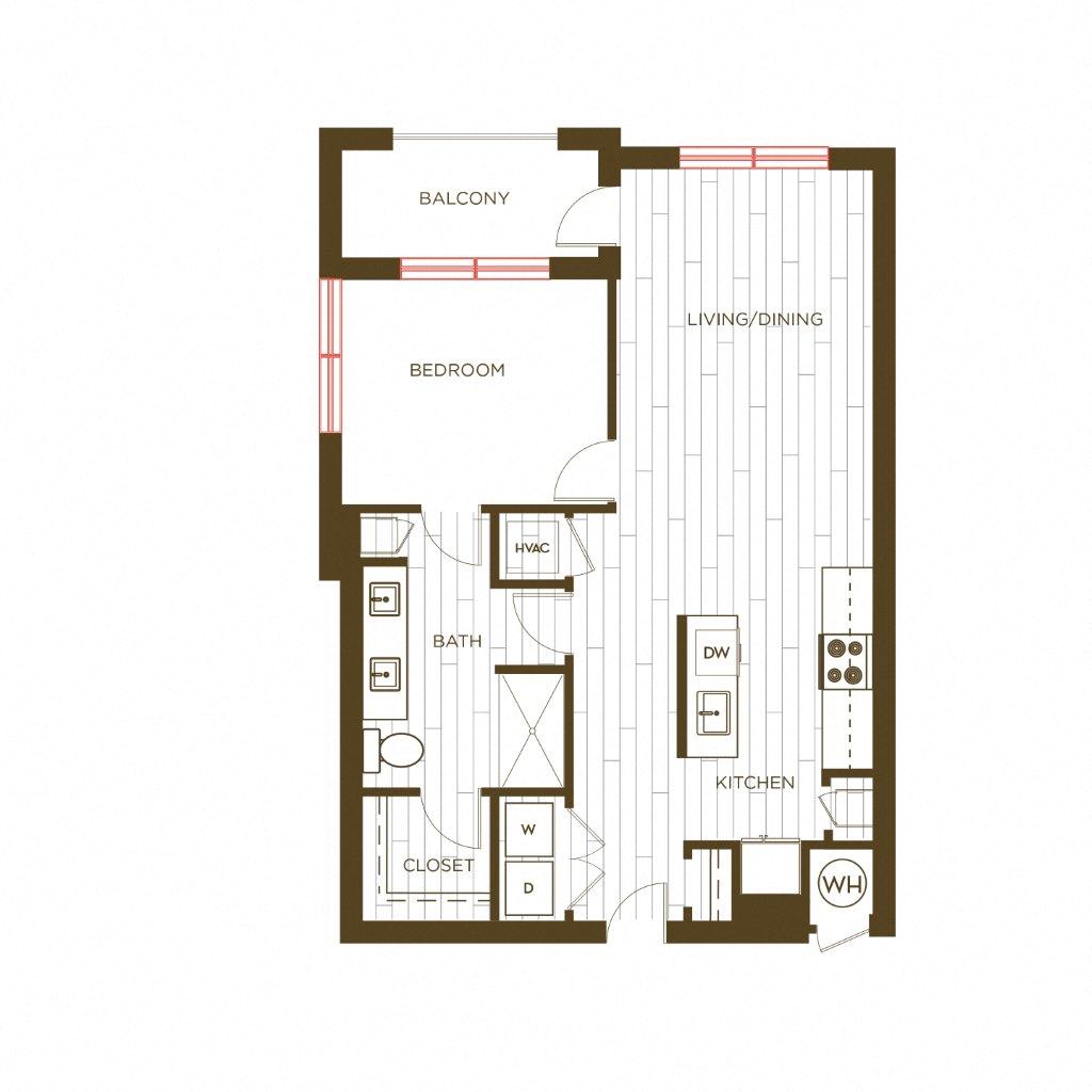 Floor plan for 1 bed, 1 bath, 807 sqft